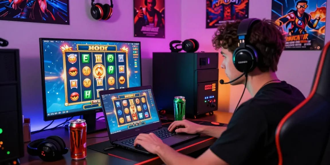 Menampilkan pengalaman bermain slot online dengan pemain fokus di depan laptop pada suasana gaming yang berwarna-warni.