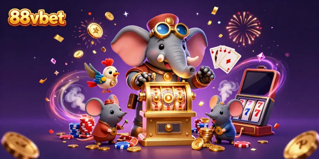 Engage with thrilling gameplay at 88vbet featuring a steampunk elephant at a golden slot machine.