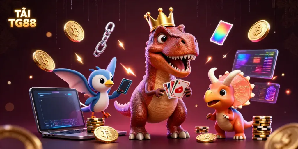 TẢI TG88: A whimsical 3D T-Rex deals cards while a pterodactyl assists, amidst digital casino elements.