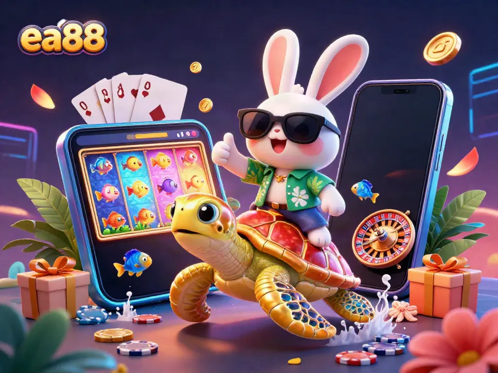 Experience the thrill of ea88 with a lucky rabbit riding a golden turtle amidst casino elements.