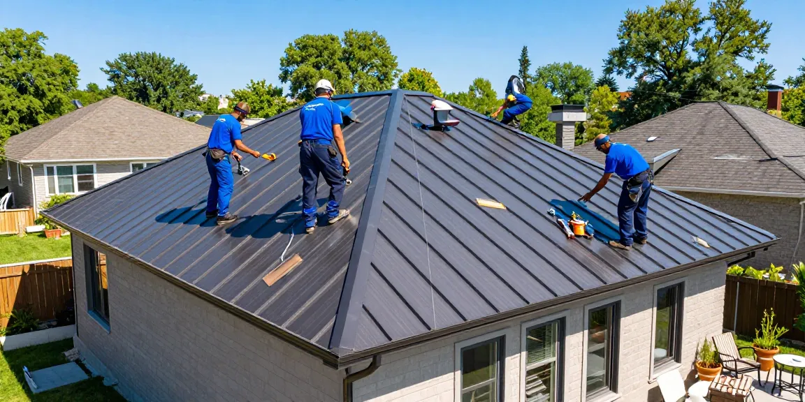 Professional roofers installing a new metal roof for enhanced durability at mroof.ca