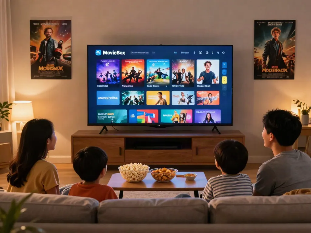 Family enjoying movie night using the MovieBox app on a large TV.