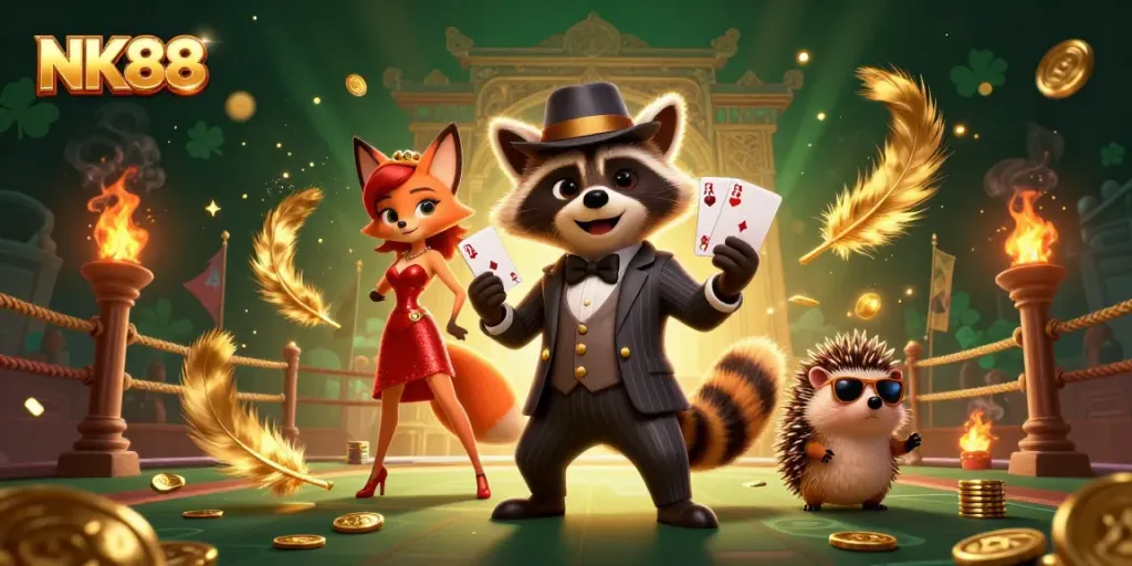 Join the thrill of NK88 with a suave raccoon and his charming companions in a vibrant casino scene.