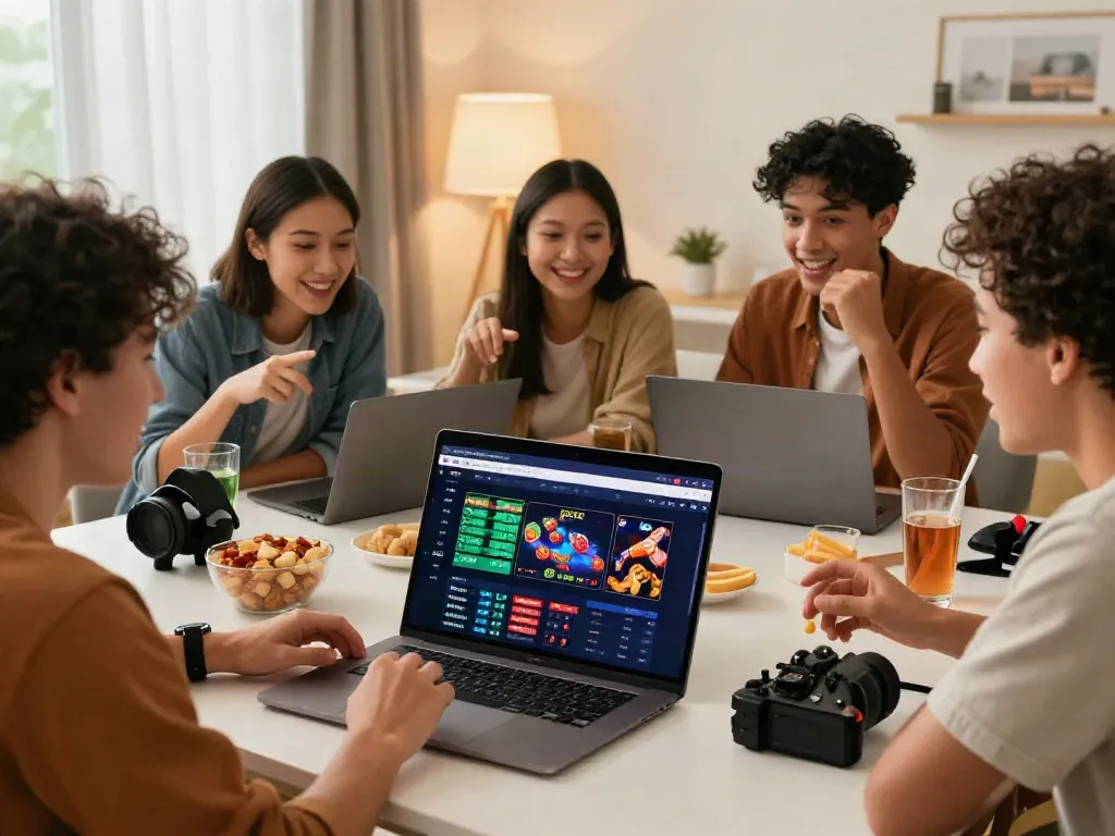 Exciting KU88 online betting scene with friends engaging around a laptop.