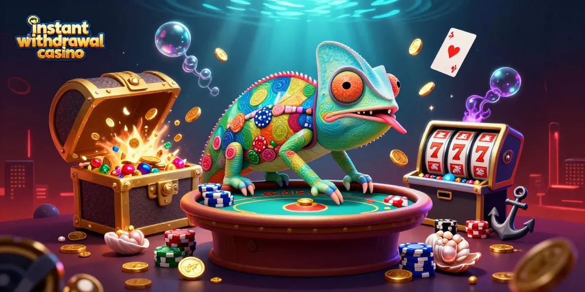 Experience the thrilling instant withdrawal casino with our vibrant 3D chameleon owner and gold coins cascading!