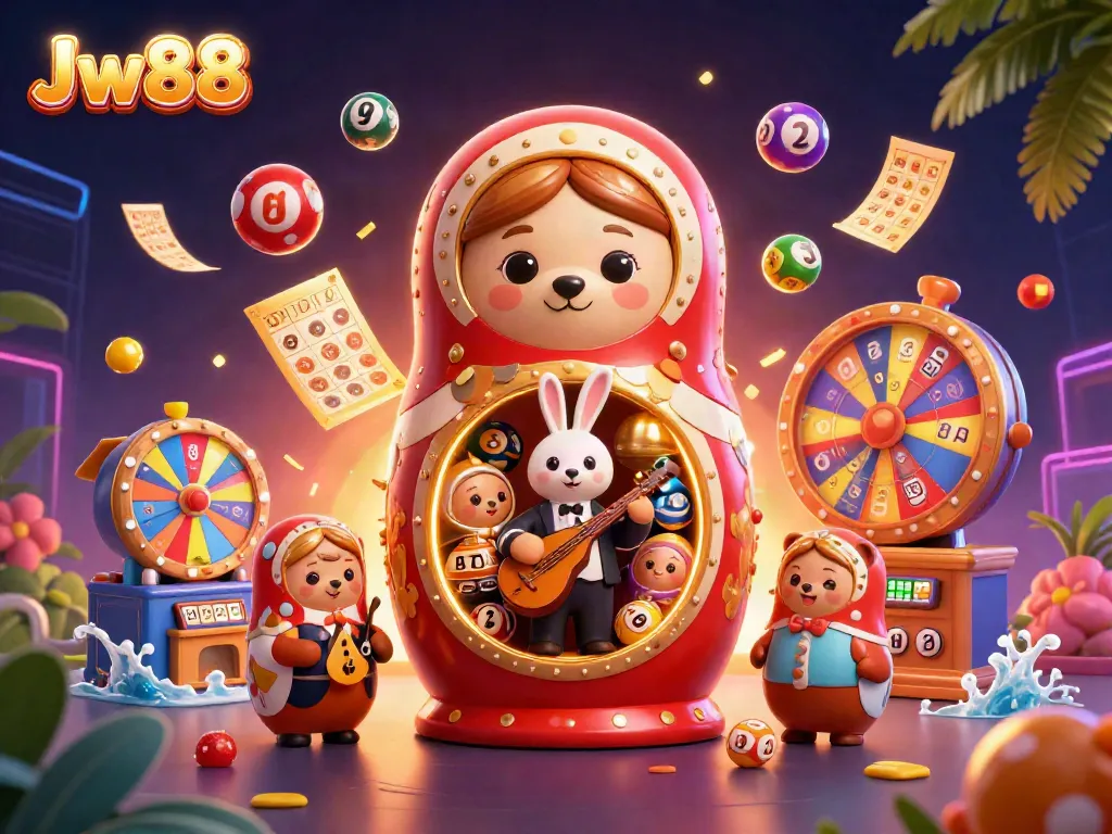 Engage with Jw88's vibrant casino scene featuring 3D characters enjoying lottery games and festive elements.